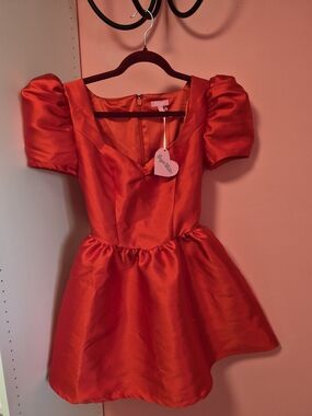 NWT's Sugar Thrillz Red Satin Puff-Sleeve Party Dress
